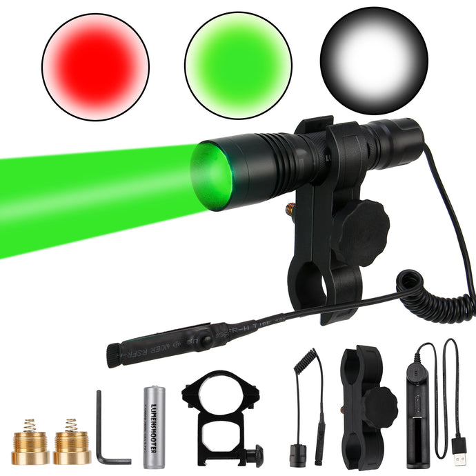 LUMENSHOOTER S2plus Scope Mounted Hunting Light Kit, Interchangeable Green Red White LED Modules, Zoomable Flashlight for Coyote Predator Varmint Hog