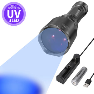 LUMENSHOOTER S3 365nm UV LED Flashlight with 3 LEDs, Rechargeable Black Light Torch for Resin Curing, Rocks Searching, Scorpion & Pet Urine Finding